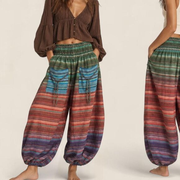 Source Unknown Pants - Boho Striped Cotton Harem Pants One Size Festival Hippie Fairycore maximalist